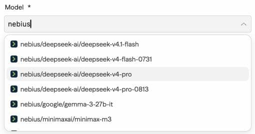 Nebius models in the AACFlow Agent model picker